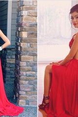 Red A-Line Halter Chiffon Party Dress Halter Lace Open Back Prom Dresses CE0126