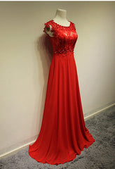 Red Elegant Lace Evening Dresses Sweep Train Zipper Beading Prom Gowns