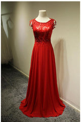 Red Elegant Lace Evening Dresses Sweep Train Zipper Beading Prom Gowns