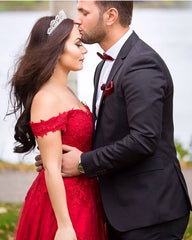 Red Floor-Length Tulle Off-The-Shoulder Prom Dresses | Sleeveless Appliques A-Line Evening Gown