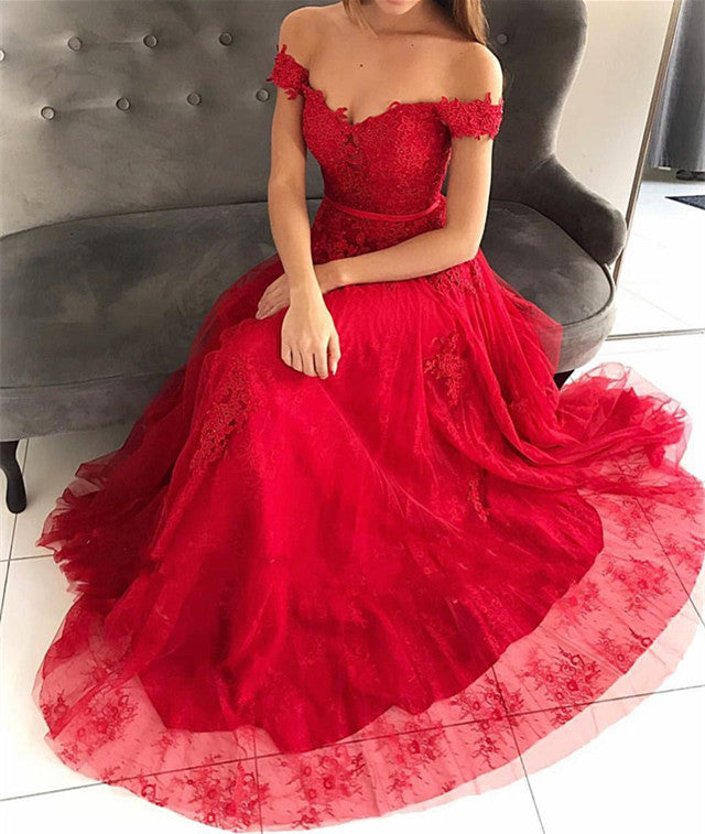 Red Floor-Length Tulle Off-The-Shoulder Prom Dresses | Sleeveless Appliques A-Line Evening Gown