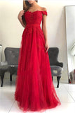 Red Floor-Length Tulle Off-The-Shoulder Prom Dresses | Sleeveless Appliques A-Line Evening Gown