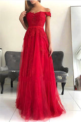 Red Floor-Length Tulle Off-The-Shoulder Prom Dresses | Sleeveless Appliques A-Line Evening Gown