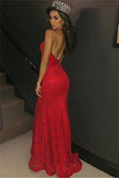 Red Halter Mermaid Floor-Length Prom Dresses | Sleeveless Deep V-neck Appliques Evening Gown