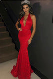 Red Halter Mermaid Floor-Length Prom Dresses | Sleeveless Deep V-neck Appliques Evening Gown