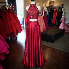 Red High Neck Two Piece Evening Dresses Online Sleeveless Split Prom Dress with Beads BA3198