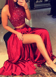 Red High Neck Two Piece Evening Dresses Online Sleeveless Split Prom Dress with Beads BA3198