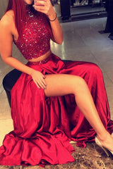 Red High Neck Two Piece Evening Dresses Online Sleeveless Split Prom Dress with Beads BA3198