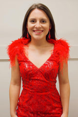 Red Homecoming Dress Sequined Backless Tight Short Prom Dress with Feathers