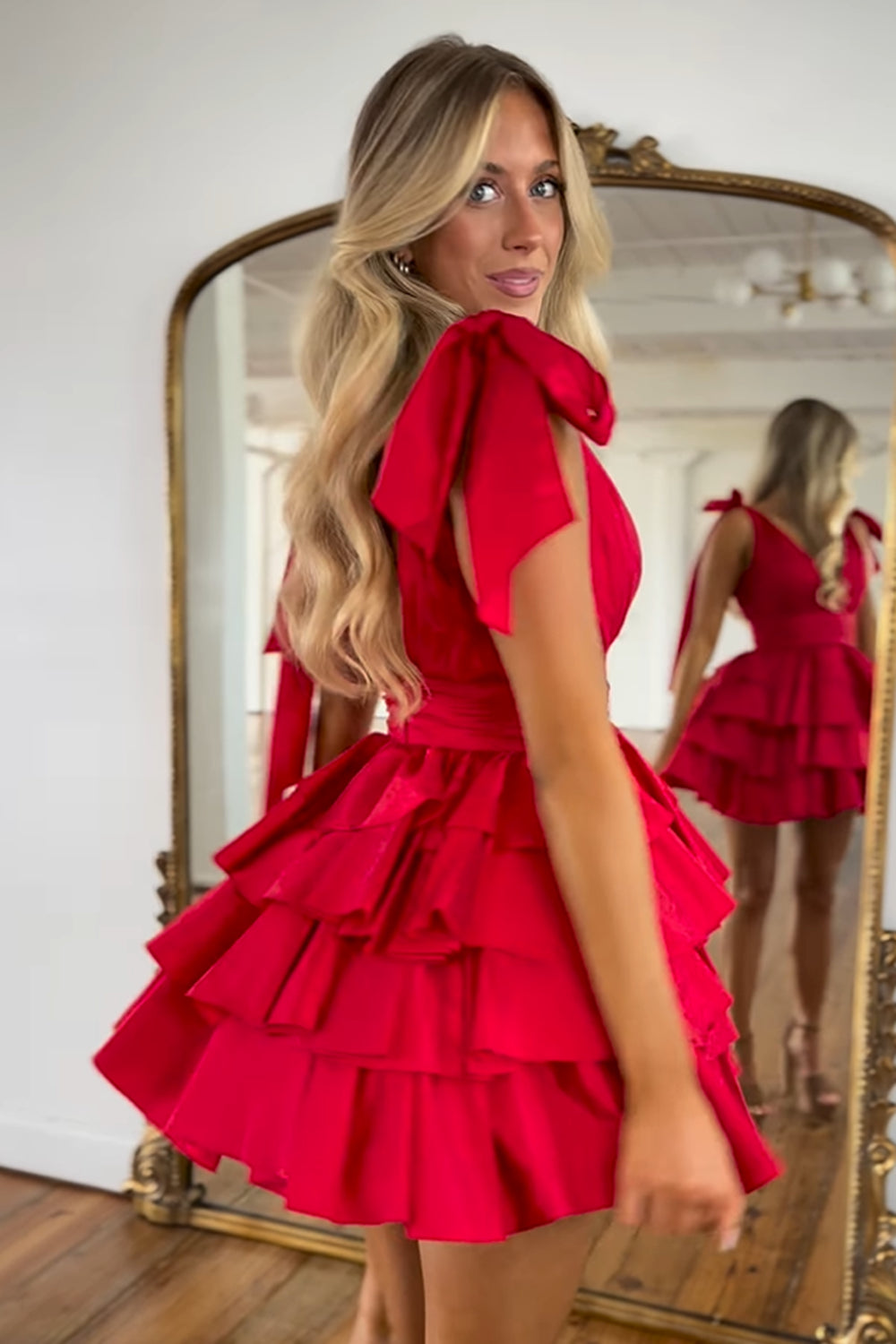 slim fit dress slacks Bow A-line Ruffle Homecoming Dress with Keyhole in Red – Tailordea