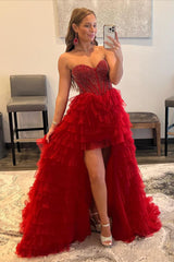 Red Homecoming Dresses Beaded A-Line Tiered High Low Prom Prom Dress