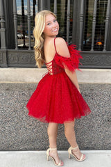Red Homecoming Dresses Corset A-Line Short Cocktail Dresses with Feathers