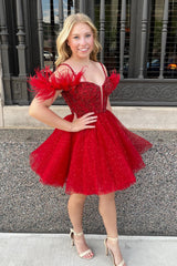Red Homecoming Dresses Corset A-Line Short Cocktail Dresses with Feathers
