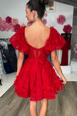 Red Homecoming Dresses Corset A-Line Short Cocktail Dresses with Sleeves