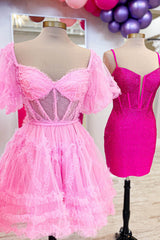 Red Homecoming Dresses Corset A-Line Short Cocktail Dresses with Sleeves