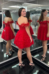 Red Homecoming Dresses Corset Off The Shoulder A Line Short Cocktail Dresses with Feathers
