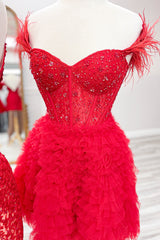 Red Homecoming Dresses Corset Off The Shoulder A Line Short Cocktail Dresses with Feathers