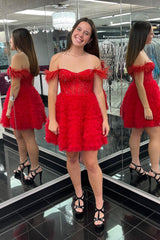 Red Homecoming Dresses Corset Off The Shoulder A Line Short Cocktail Dresses with Feathers