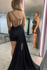 Red Homecoming Dresses Corset One Shoulder Tight Short Satin Prom Dress with Ruffle