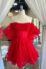 Red Homecoming Dresses Corset Strapless A-Line Short Tulle Prom Dress with Detachable Sleeves
