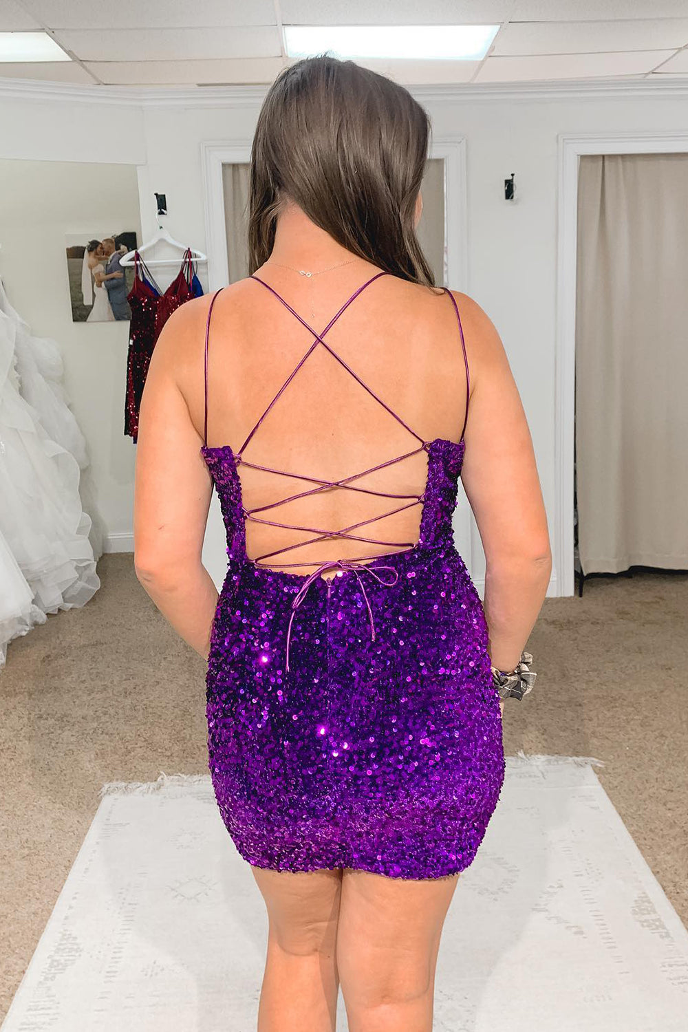 Red Homecoming Dresses Criss-Cross Straps Sequin Tight Short Hoco Dress