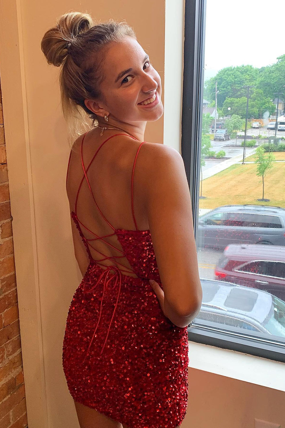 Red Homecoming Dresses Criss-Cross Straps Sequin Tight Short Hoco Dress