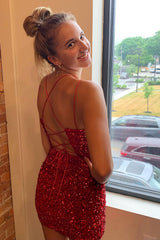 Red Homecoming Dresses Criss-Cross Straps Sequin Tight Short Hoco Dress