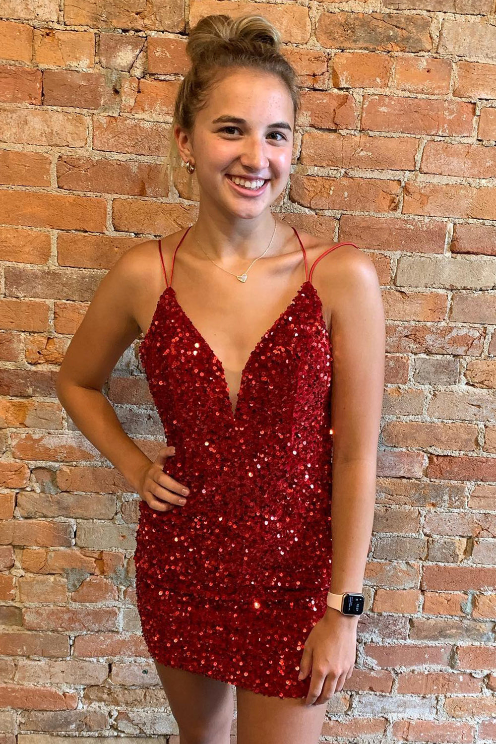Red Homecoming Dresses Criss-Cross Straps Sequin Tight Short Hoco Dress