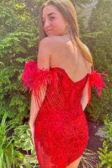 Red Homecoming Dresses Lace Corset Fringed Tight Short Cocktail Dresses with Feathers