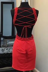 Red Homecoming Dresses Lace-Up Back Cut Out Tight Short Cocktail Dresses with Sequin