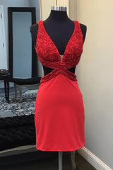 Red Homecoming Dresses Lace-Up Back Cut Out Tight Short Cocktail Dresses with Sequin