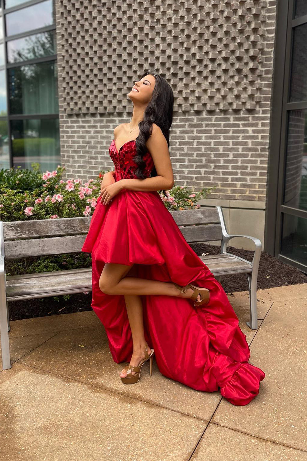 Red Homecoming Dresses Mirror Strapless Corset High Low Prom Dress