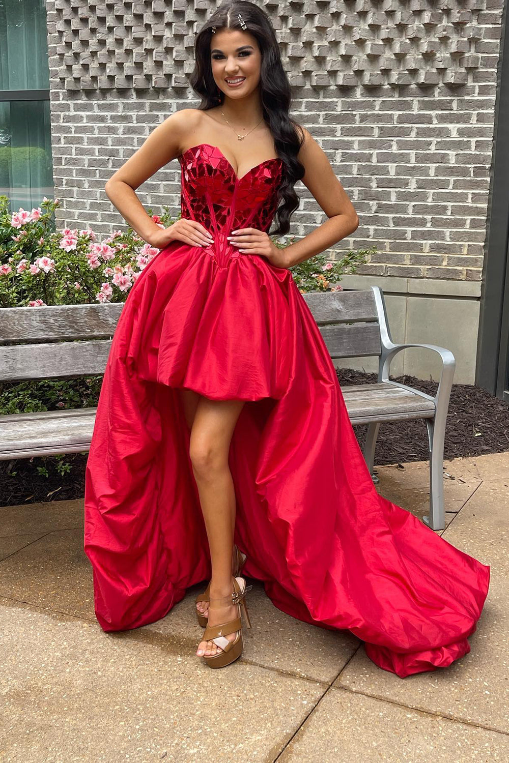 Red Homecoming Dresses Mirror Strapless Corset High Low Prom Dress