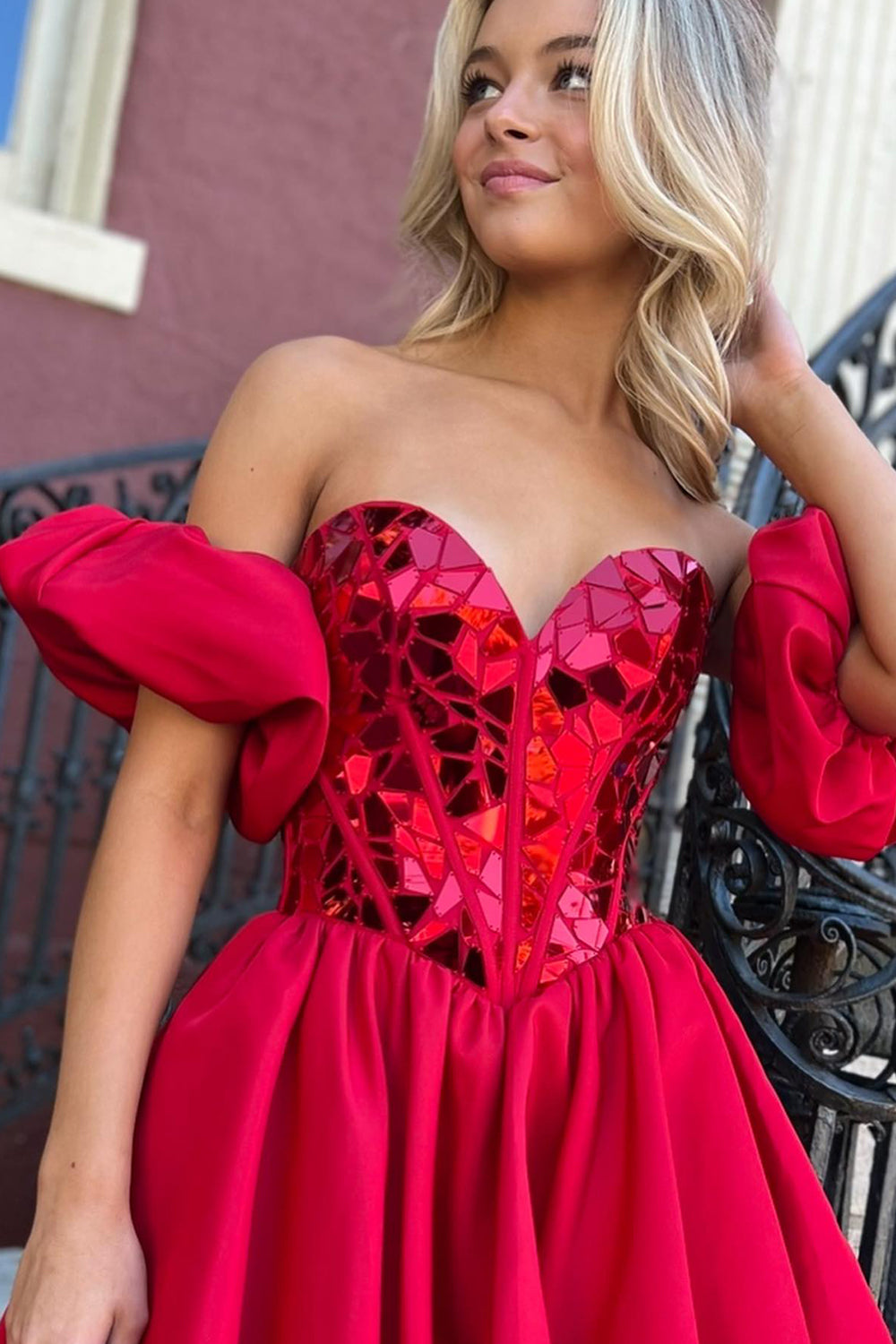 Red Homecoming Dresses Mirror Sweetheart A Line Prom Dress With Detchable Sleeves