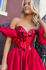 Red Homecoming Dresses Mirror Sweetheart A Line Prom Dress With Detchable Sleeves