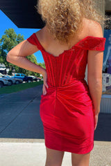 Red Homecoming Dresses Off the Shoulder Tight Short Cocktail Dresses with Lace