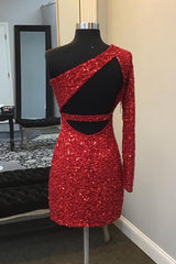 Red Homecoming Dresses One Shoulder Backless Sequin Fringed Tight Short Cocktail Dresses