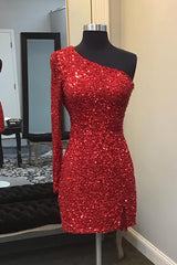 Red Homecoming Dresses One Shoulder Backless Sequin Fringed Tight Short Cocktail Dresses
