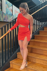 Red Homecoming Dresses One Shoulder Bodycon Short Cocktail Dresses With Slit
