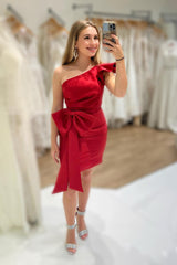 Red Homecoming Dresses One Shoulder Tight Short Cocktail Dresses With Bow