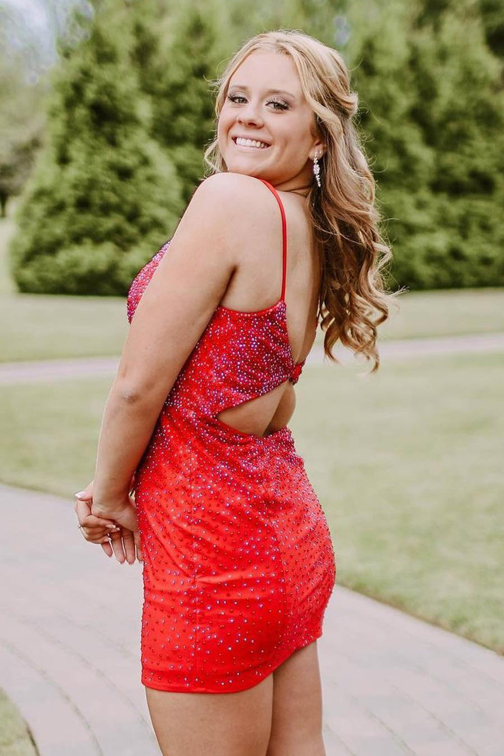 Red Homecoming Dresses Open Back Sequin Tight Prom Dress