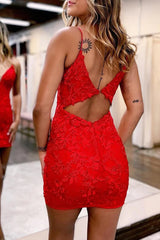 Red Homecoming Dresses Open Back Spaghetti Straps Appliques Tight Prom Dress