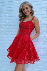 Red Homecoming Dresses Sequin A-Line Short Cocktail Dresses with Pockets