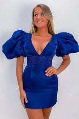 Red Homecoming Dresses Sequin Lace-Up Puff Sleeves Tight Short Cocktail Dresses