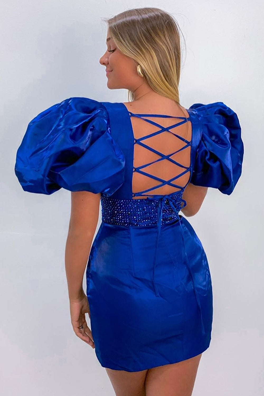 Red Homecoming Dresses Sequin Lace-Up Puff Sleeves Tight Short Cocktail Dresses