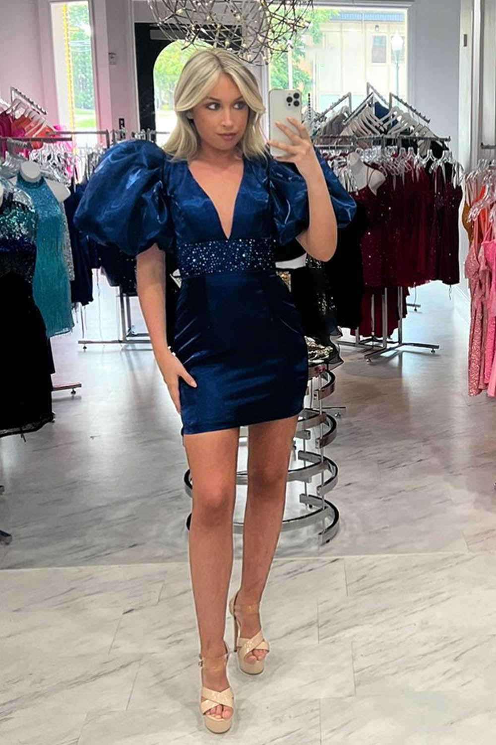 Red Homecoming Dresses Sequin Lace-Up Puff Sleeves Tight Short Cocktail Dresses