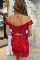 Red Homecoming Dresses Sequin Open Back Tight Short Cocktail Dresses with Slit