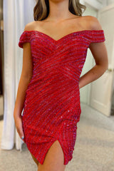 Red Homecoming Dresses Sequin Open Back Tight Short Cocktail Dresses with Slit