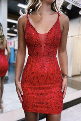 Red Homecoming Dresses Sequin Spaghetti Straps Tight Short Hoco Dress