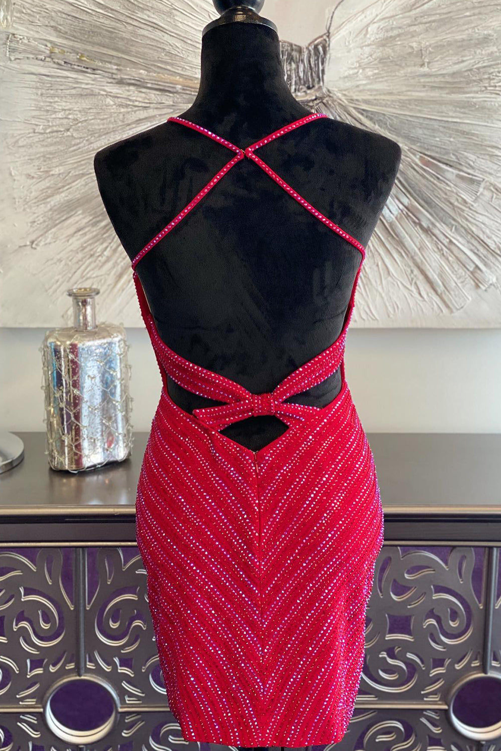 Red Homecoming Dresses Sequined Criss-Cross Back Tight Short Cocktail Dresses